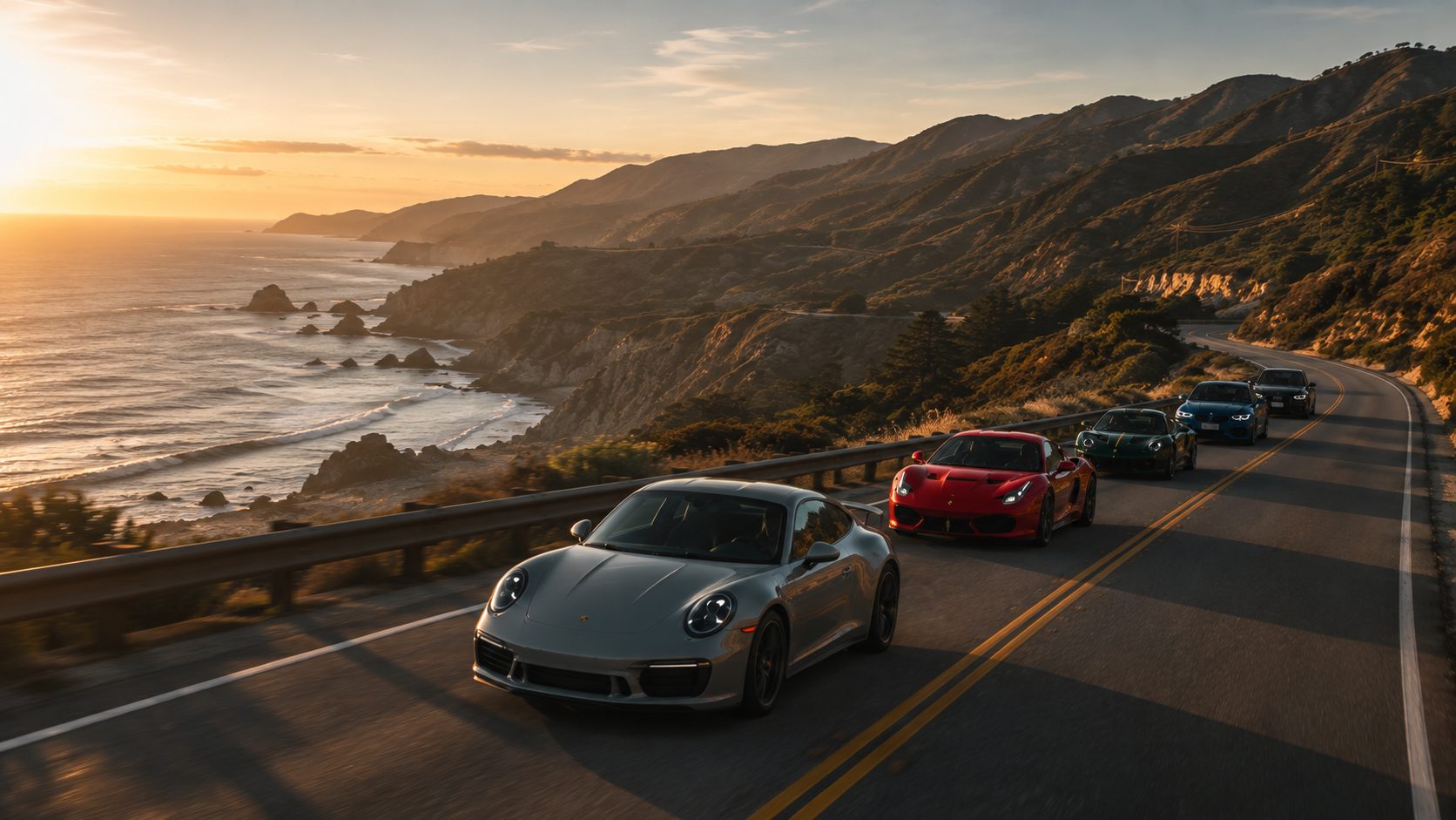 A convoy of five sports cars driving along a coastal cliff road at sunset.