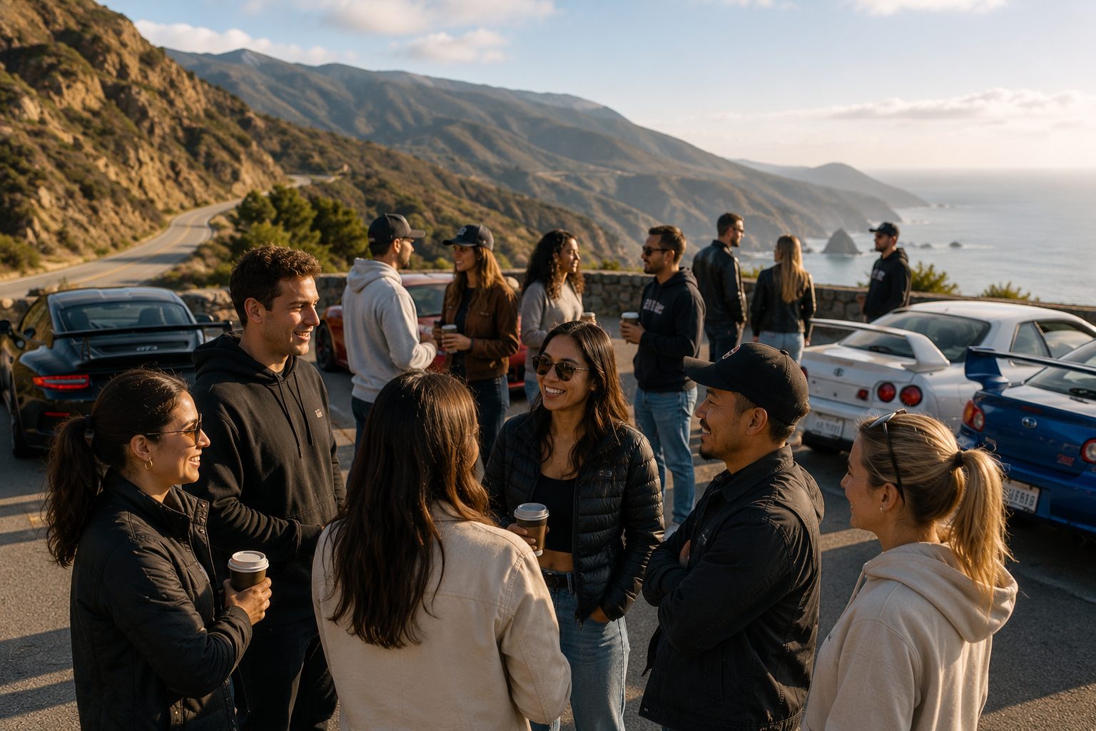 A small group of friends and their sports cars talking at a scenic coastal overlook.